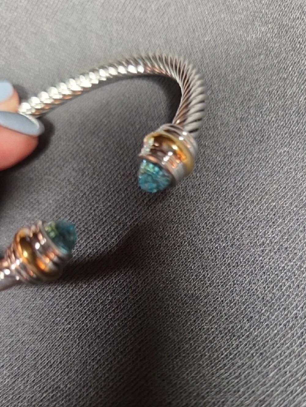 (Blue) Twisted Cable Cuff Bracelet with Crystal End Caps